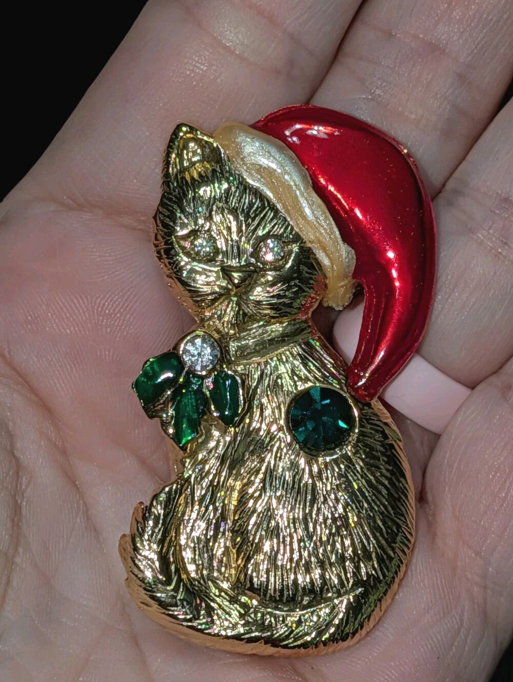 Vintage Christmas Cat Brooch Gold Tone Red Santa Hat Green Rhinestone Holiday